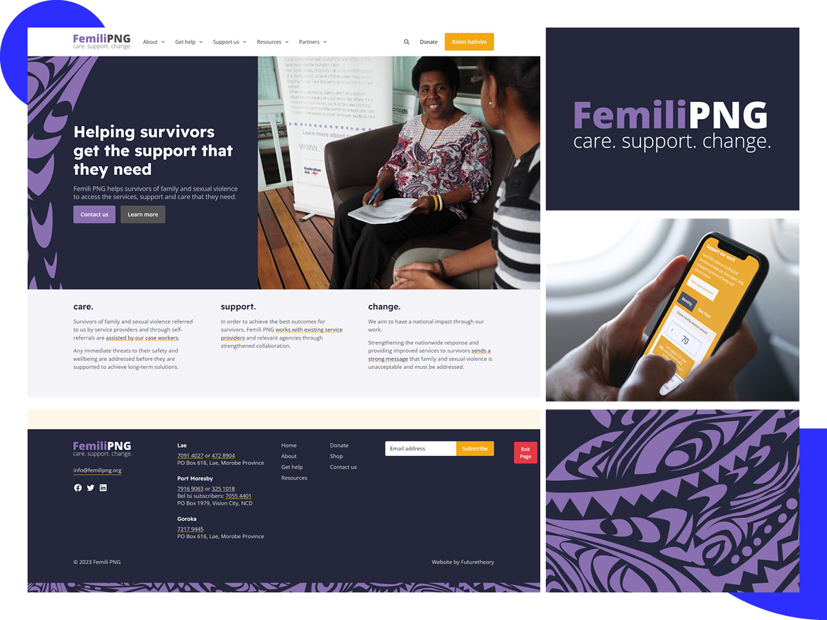 A five-pciture dsiplay of the FemiliPNG website, their logo, and various branding elements. This picture showcases the cohesive and distinct branding throughout their website.
