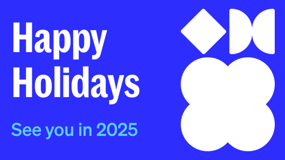 Blue background with white geometric shapes and text: 